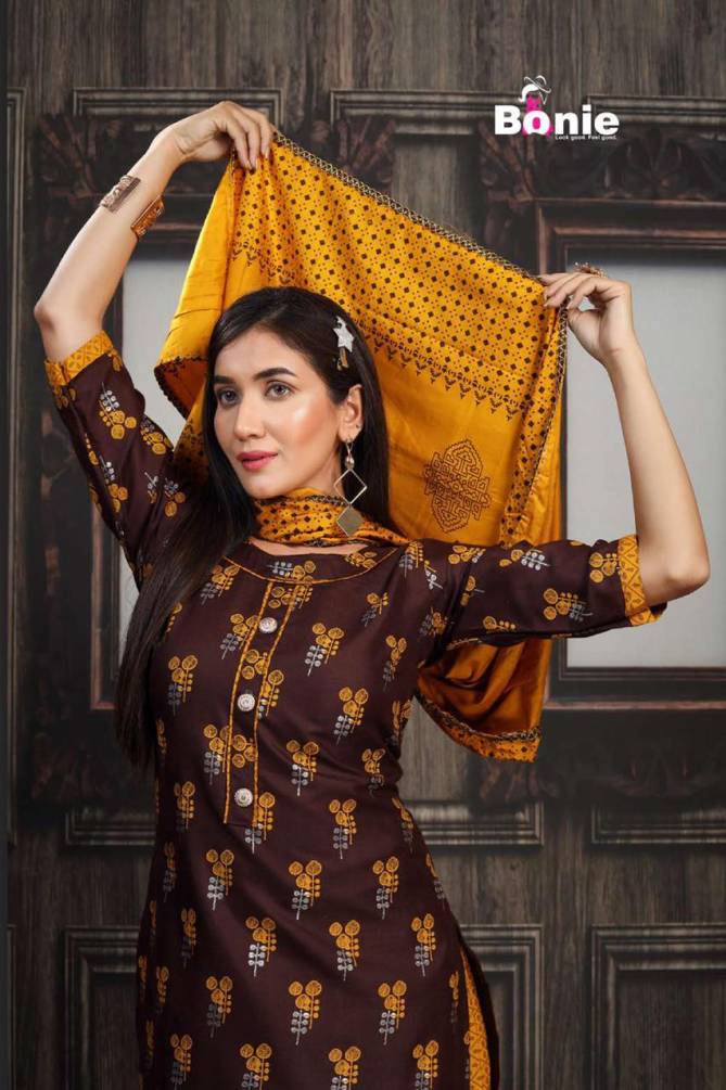 Bonie Meena 2 Latest Fancy Casual Wear Finest Quality Of Rayon Heavy Gold Printed Kurtis With Skirt Collection 
